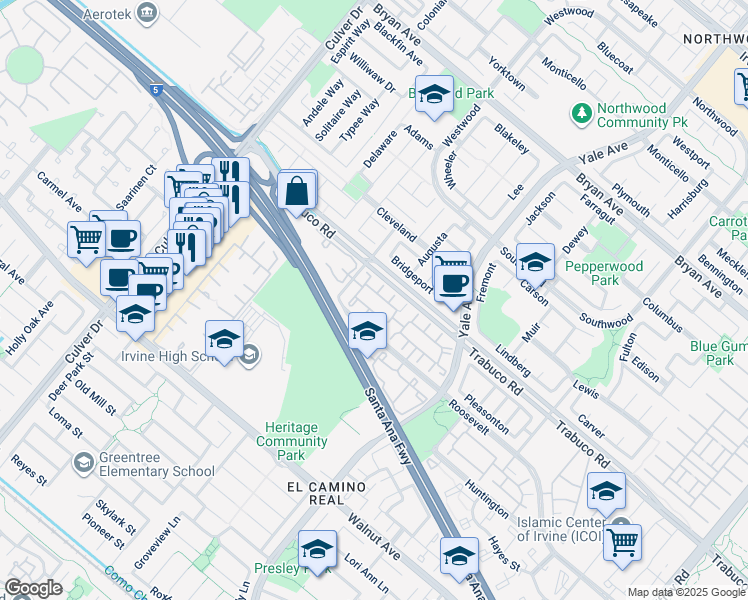 map of restaurants, bars, coffee shops, grocery stores, and more near 278 Monroe in Irvine