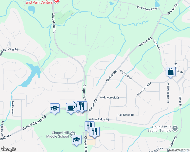 map of restaurants, bars, coffee shops, grocery stores, and more near 4242 Winding Trail Way in Douglasville