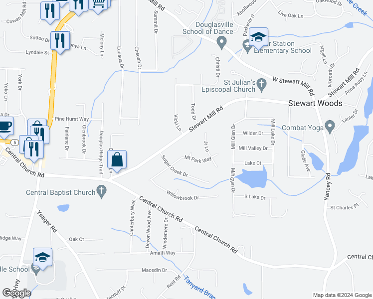 map of restaurants, bars, coffee shops, grocery stores, and more near 3687 Jessica Court in Douglasville