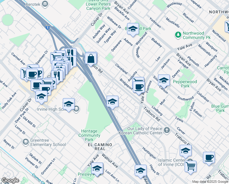 map of restaurants, bars, coffee shops, grocery stores, and more near 468 Monroe in Irvine