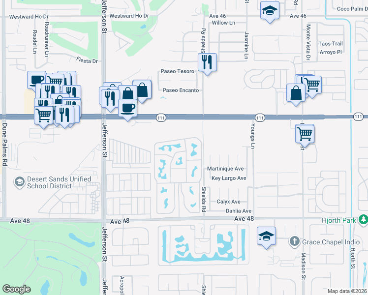 map of restaurants, bars, coffee shops, grocery stores, and more near 80394 Avenue 48 in Indio
