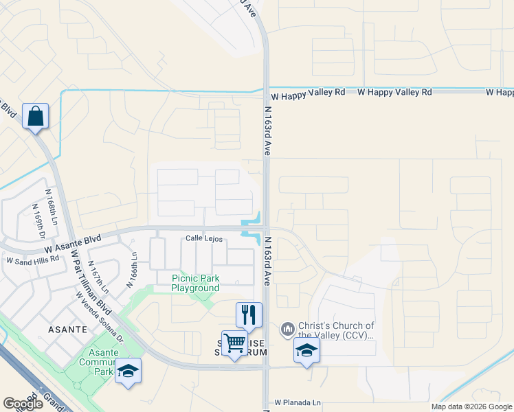 map of restaurants, bars, coffee shops, grocery stores, and more near 24327 North 163rd Drive in Surprise