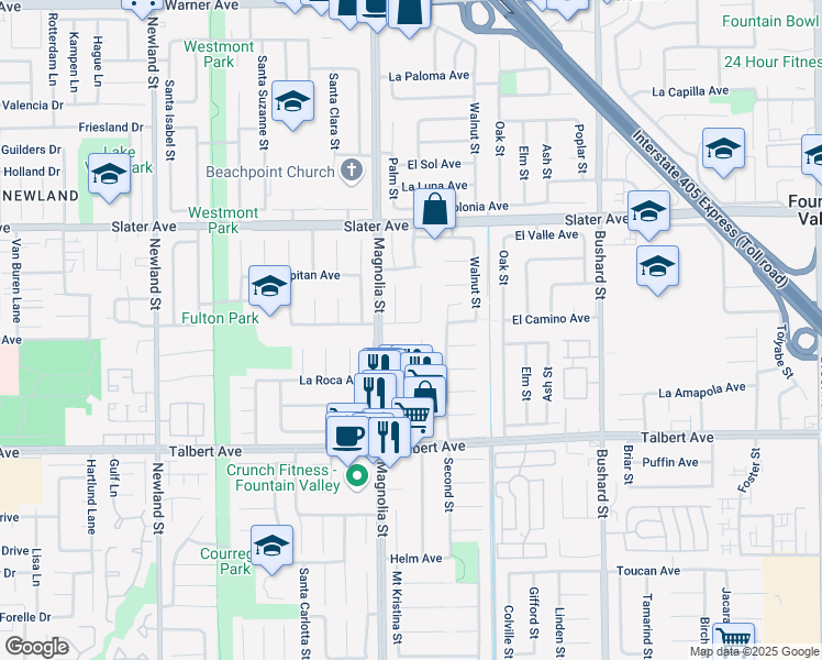 map of restaurants, bars, coffee shops, grocery stores, and more near 9074 Windsor Avenue in Fountain Valley