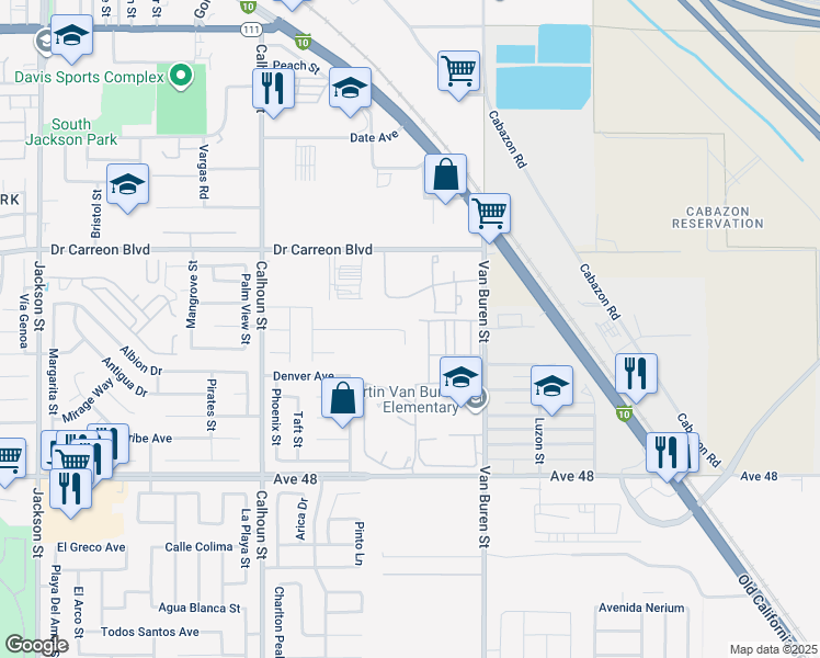 map of restaurants, bars, coffee shops, grocery stores, and more near 47226 Bobolink Street in Indio