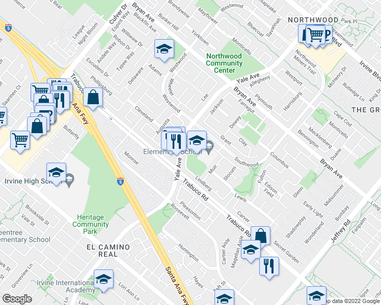 map of restaurants, bars, coffee shops, grocery stores, and more near 0 Fremont in Irvine