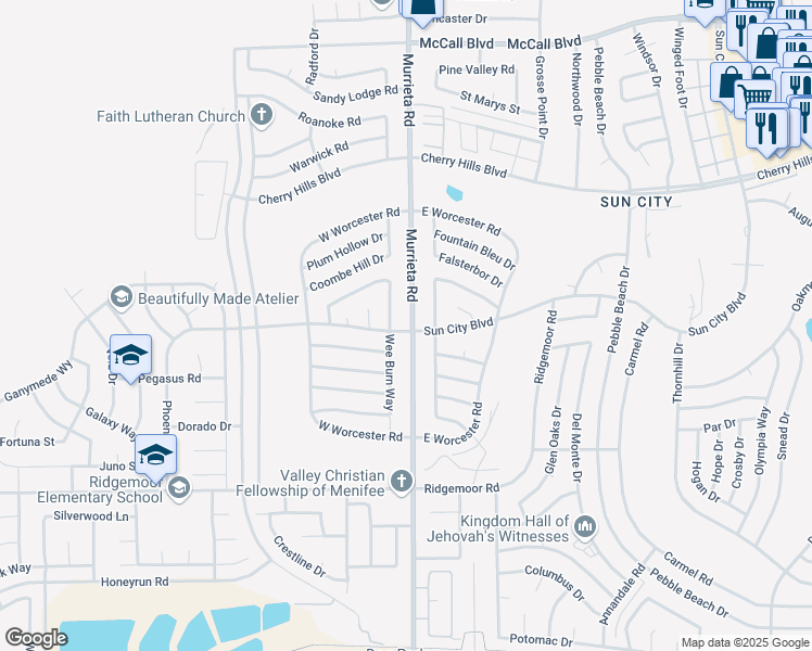 map of restaurants, bars, coffee shops, grocery stores, and more near 28635 Murrieta Road in Menifee