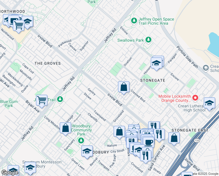 map of restaurants, bars, coffee shops, grocery stores, and more near 77 Overbrook in Irvine