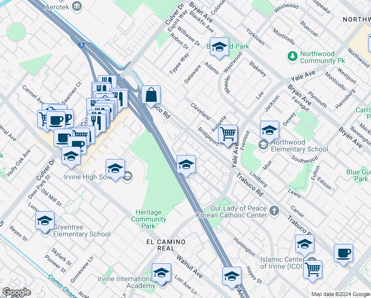 map of restaurants, bars, coffee shops, grocery stores, and more near in Irvine
