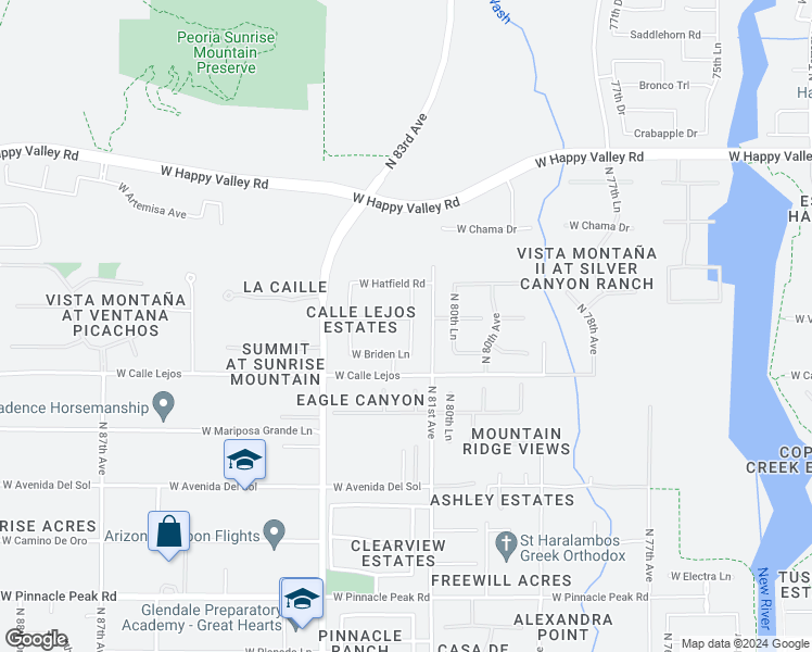 map of restaurants, bars, coffee shops, grocery stores, and more near 8131 West Villa Lindo in Peoria