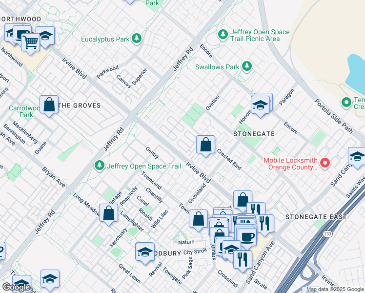map of restaurants, bars, coffee shops, grocery stores, and more near 77 Overbrook in Irvine