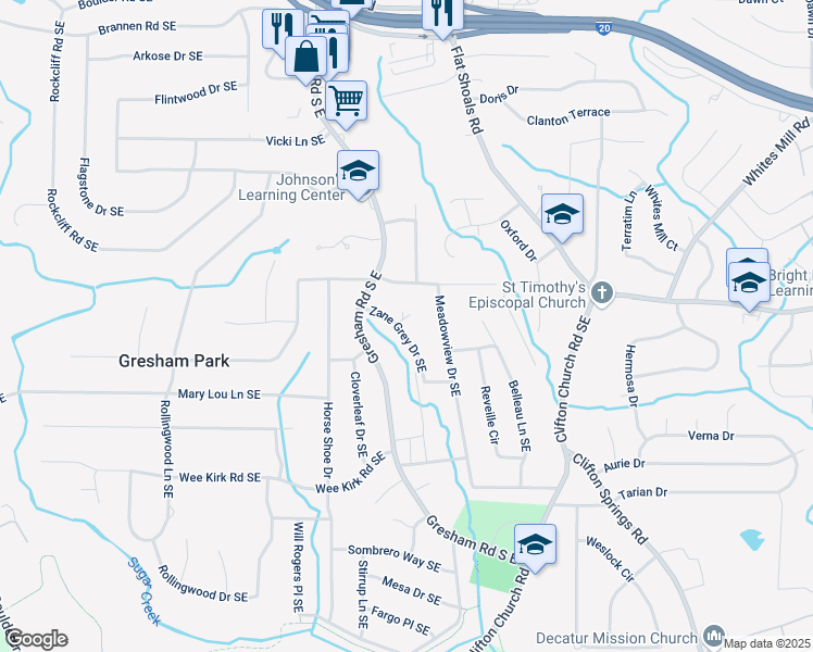 map of restaurants, bars, coffee shops, grocery stores, and more near 2804 Zane Grey Drive Southeast in Atlanta
