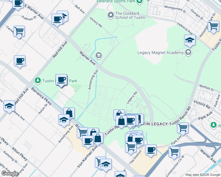 map of restaurants, bars, coffee shops, grocery stores, and more near 2126 Airship Avenue in Irvine