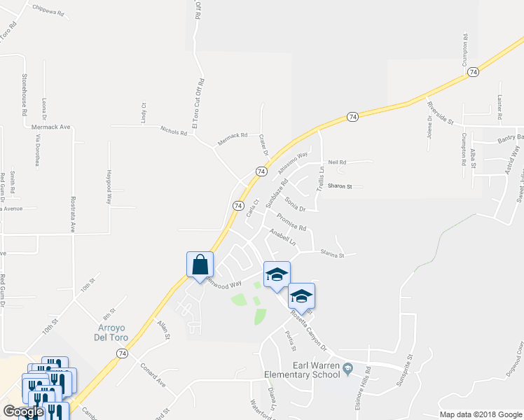 map of restaurants, bars, coffee shops, grocery stores, and more near 45006 Blue Moon Street in Lake Elsinore