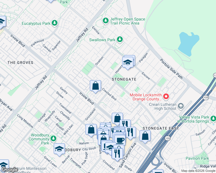 map of restaurants, bars, coffee shops, grocery stores, and more near 220 Kempton in Irvine
