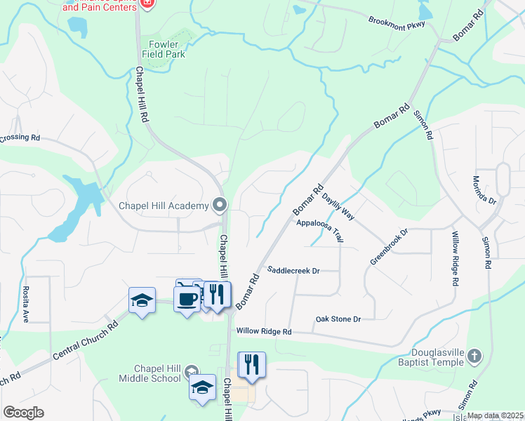map of restaurants, bars, coffee shops, grocery stores, and more near 4242 Winding Trail Way in Douglasville