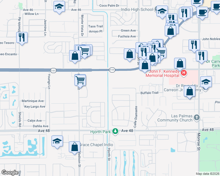 map of restaurants, bars, coffee shops, grocery stores, and more near 81261 Avenida Esmeralda in Indio