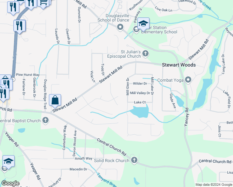 map of restaurants, bars, coffee shops, grocery stores, and more near 5577 Mountain Park Way in Douglasville
