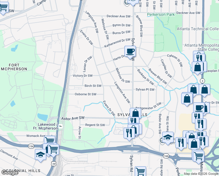 map of restaurants, bars, coffee shops, grocery stores, and more near 1022 Birch Street Southwest in Atlanta