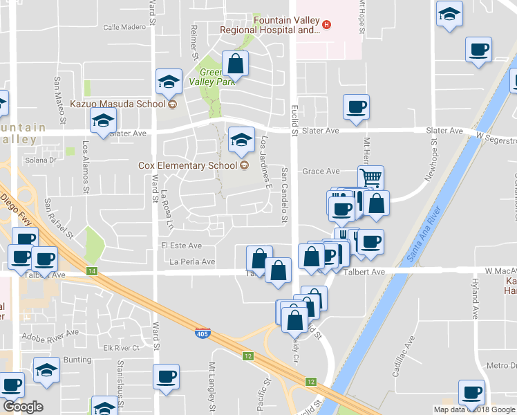 map of restaurants, bars, coffee shops, grocery stores, and more near 10884 San Paco Avenue in Fountain Valley