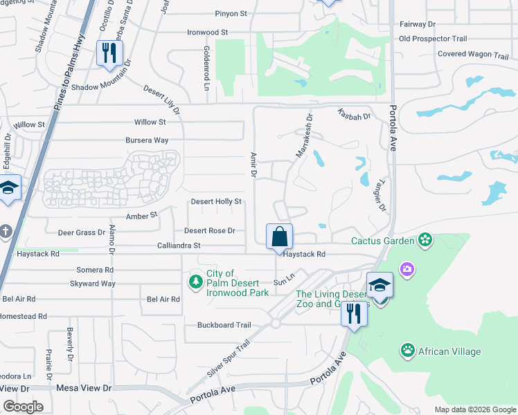 map of restaurants, bars, coffee shops, grocery stores, and more near 47200 Amir Drive in Palm Desert