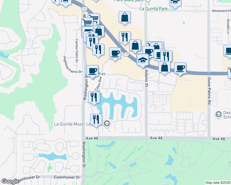 map of restaurants, bars, coffee shops, grocery stores, and more near 47295 Vía Koron in La Quinta