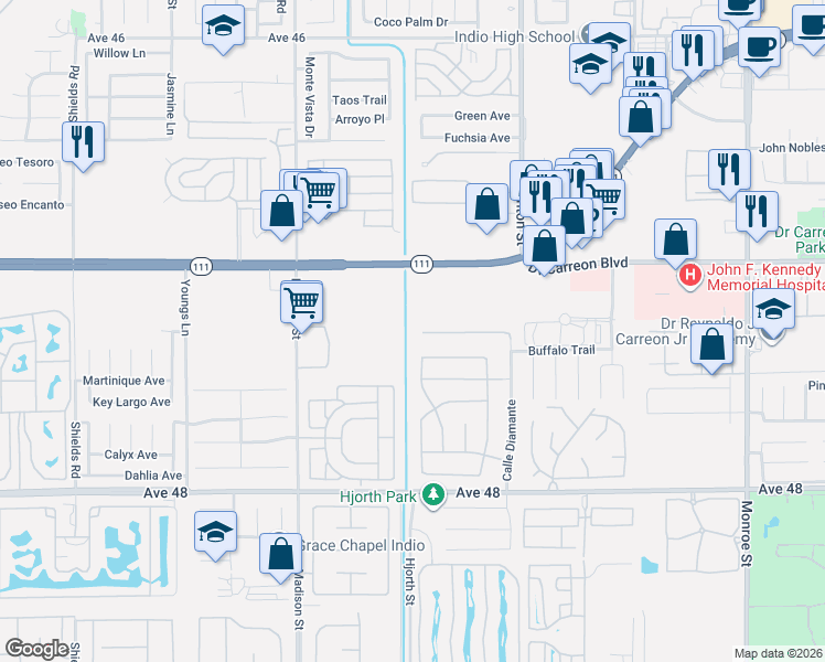 map of restaurants, bars, coffee shops, grocery stores, and more near 81258 Avenida Esmeralda in Indio