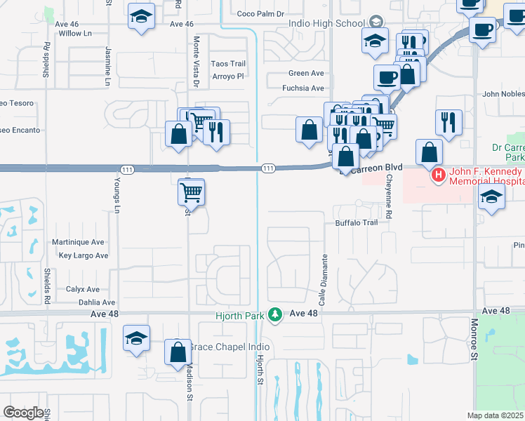 map of restaurants, bars, coffee shops, grocery stores, and more near 81258 Avenida Esmeralda in Indio