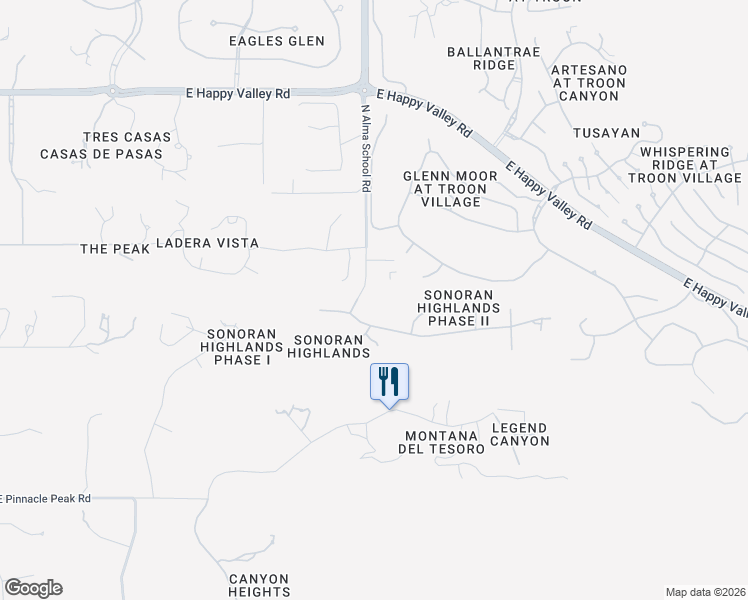 map of restaurants, bars, coffee shops, grocery stores, and more near 24200 North Alma School Road in Scottsdale