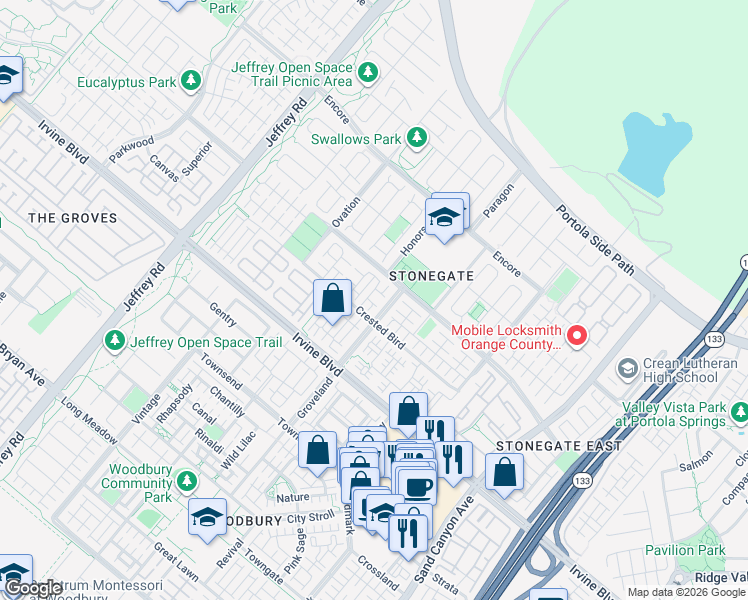 map of restaurants, bars, coffee shops, grocery stores, and more near 220 Kempton in Irvine