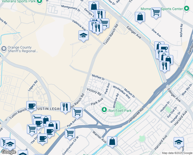 map of restaurants, bars, coffee shops, grocery stores, and more near 159 Waypoint in Tustin