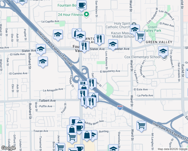 map of restaurants, bars, coffee shops, grocery stores, and more near 17761 San Rafael Street in Fountain Valley