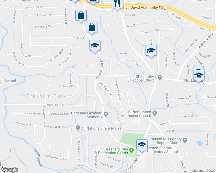 map of restaurants, bars, coffee shops, grocery stores, and more near 2804 Zane Grey Drive Southeast in Atlanta