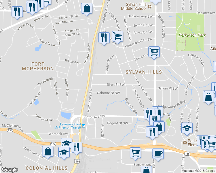 map of restaurants, bars, coffee shops, grocery stores, and more near 1104 Birch Street Southwest in Atlanta