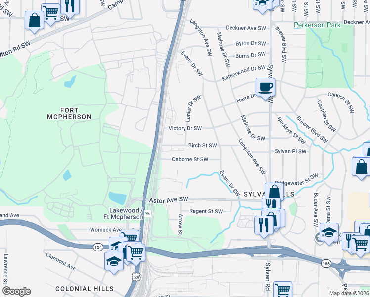 map of restaurants, bars, coffee shops, grocery stores, and more near 1145 Osborne Street Southwest in Atlanta