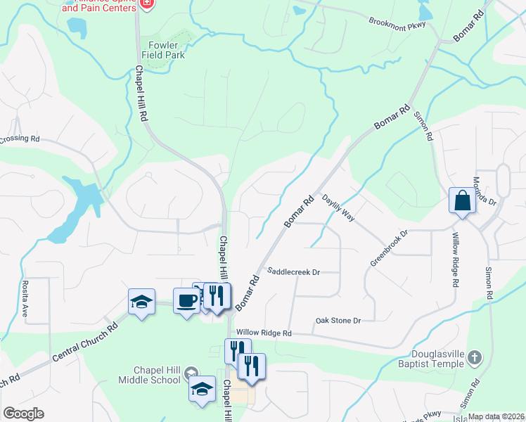 map of restaurants, bars, coffee shops, grocery stores, and more near 4242 Winding Trail Way in Douglasville