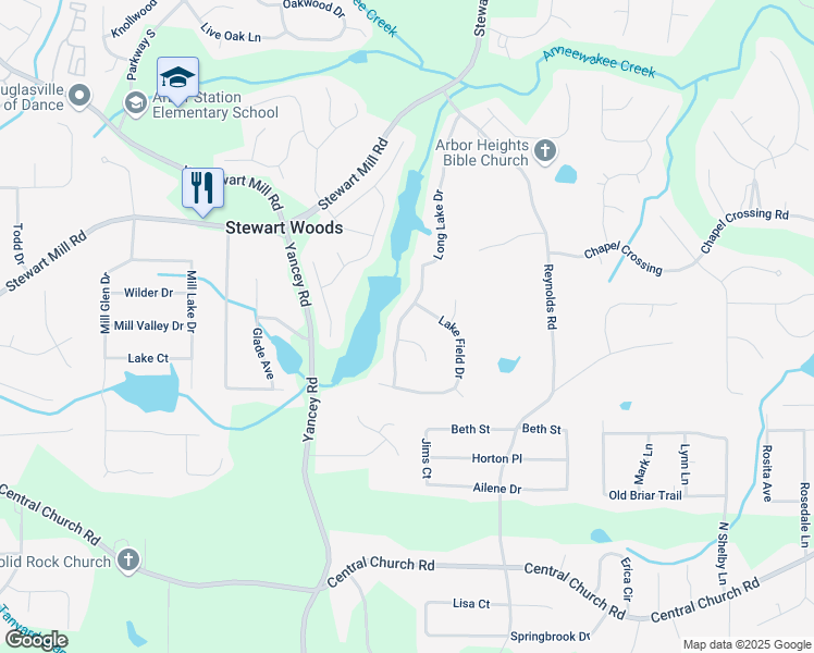map of restaurants, bars, coffee shops, grocery stores, and more near 3700 Long Lake Drive in Douglasville