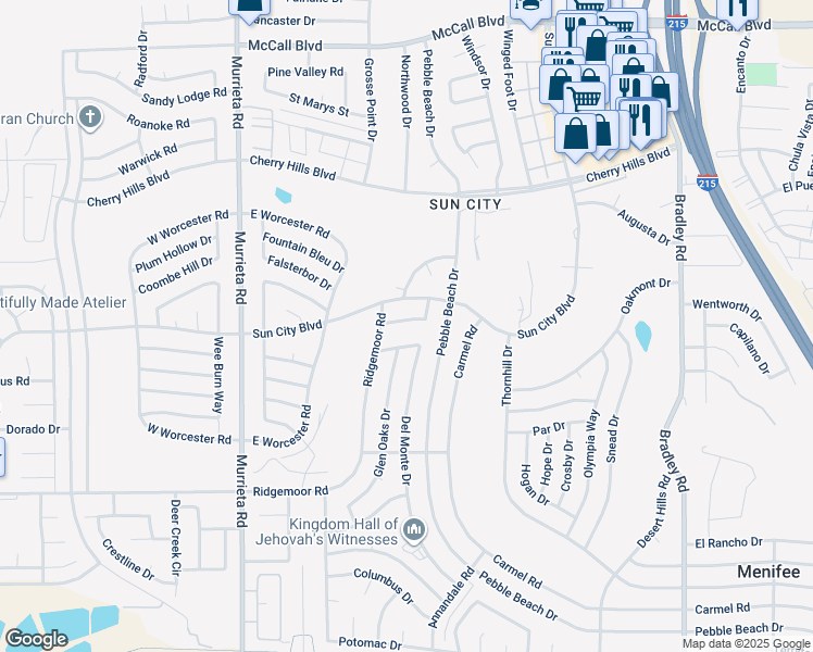 map of restaurants, bars, coffee shops, grocery stores, and more near 26421 Tanglewood Drive in Menifee