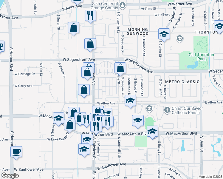 map of restaurants, bars, coffee shops, grocery stores, and more near 3101 South Fairview Street in Santa Ana