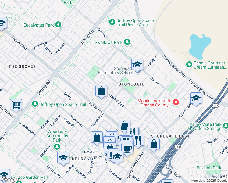 map of restaurants, bars, coffee shops, grocery stores, and more near 220 Kempton in Irvine