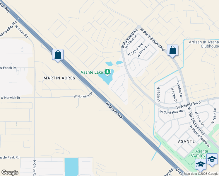 map of restaurants, bars, coffee shops, grocery stores, and more near 24329 North 173rd Lane in Surprise