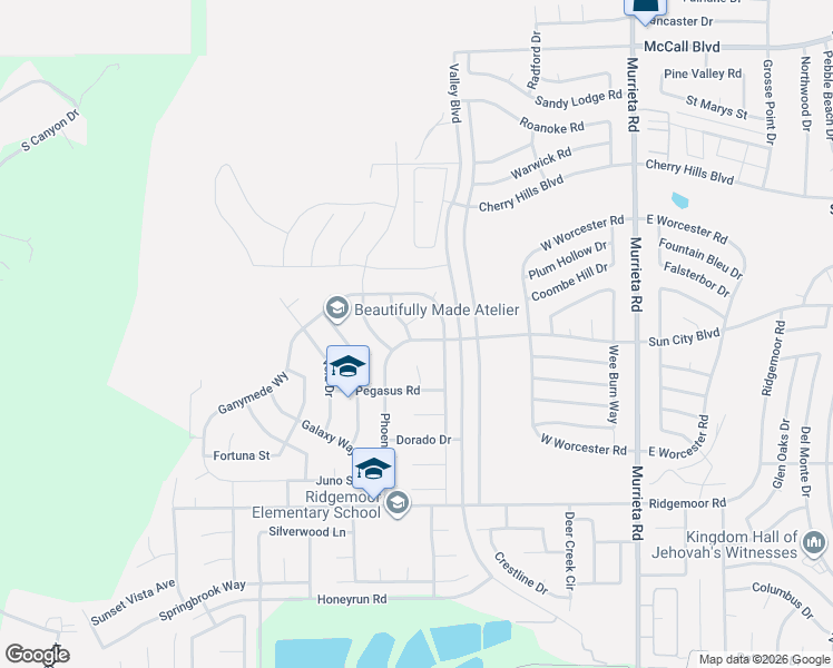 map of restaurants, bars, coffee shops, grocery stores, and more near 25515 Sun City Boulevard in Menifee