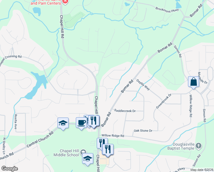 map of restaurants, bars, coffee shops, grocery stores, and more near 4242 Winding Trail Way in Douglasville