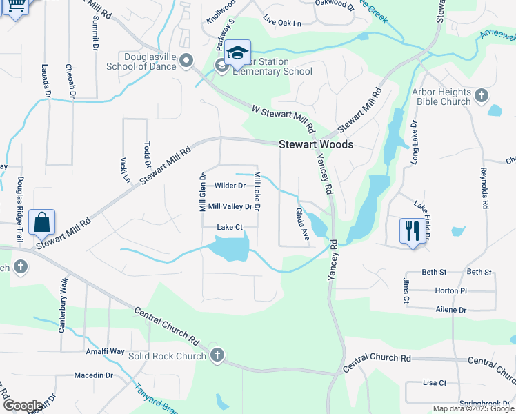 map of restaurants, bars, coffee shops, grocery stores, and more near Mill Lake Drive in Douglasville