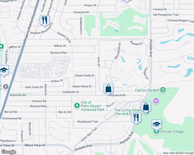 map of restaurants, bars, coffee shops, grocery stores, and more near 47220 Amir Drive in Palm Desert