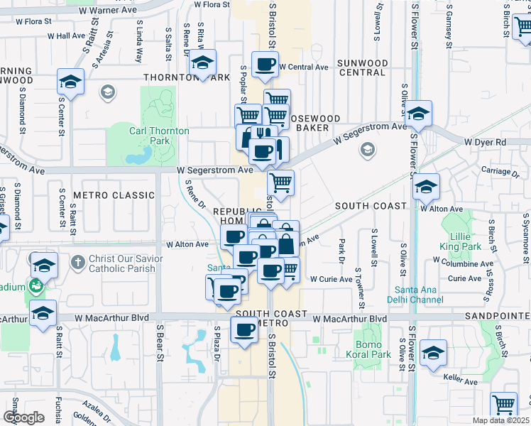 map of restaurants, bars, coffee shops, grocery stores, and more near 3380 South Bristol Street in Santa Ana
