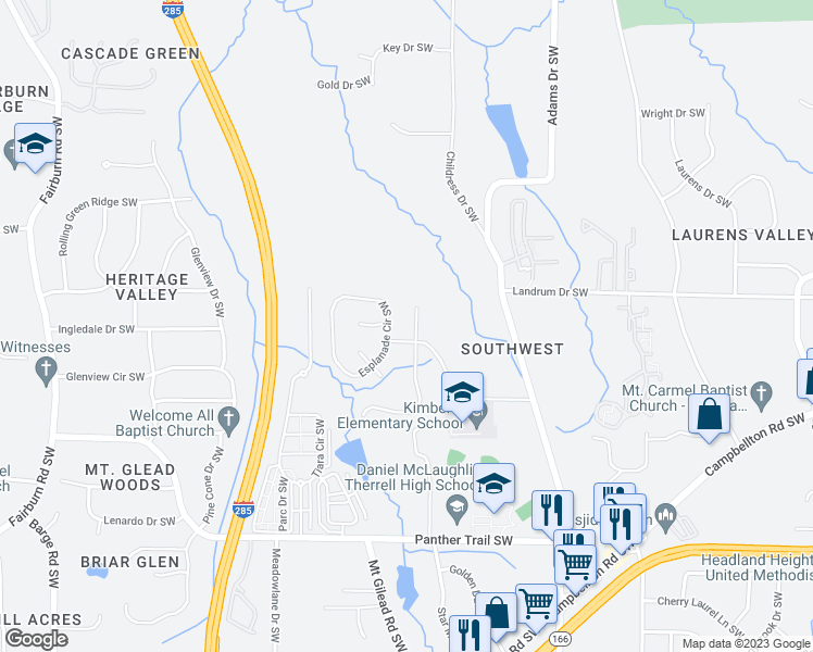 map of restaurants, bars, coffee shops, grocery stores, and more near 3147 Lovell Drive Southwest in Atlanta