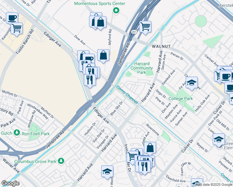 map of restaurants, bars, coffee shops, grocery stores, and more near 89 Liberty Street in Tustin