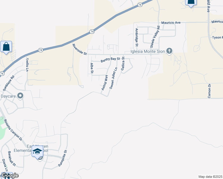 map of restaurants, bars, coffee shops, grocery stores, and more near 52986 Sweet Juliet Lane in Lake Elsinore