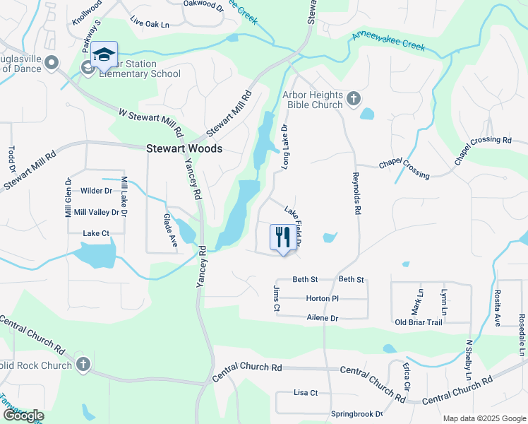 map of restaurants, bars, coffee shops, grocery stores, and more near 3700 Long Lake Drive in Douglasville