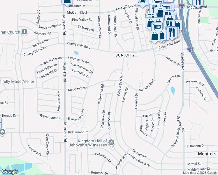 map of restaurants, bars, coffee shops, grocery stores, and more near 26421 Tanglewood Drive in Menifee